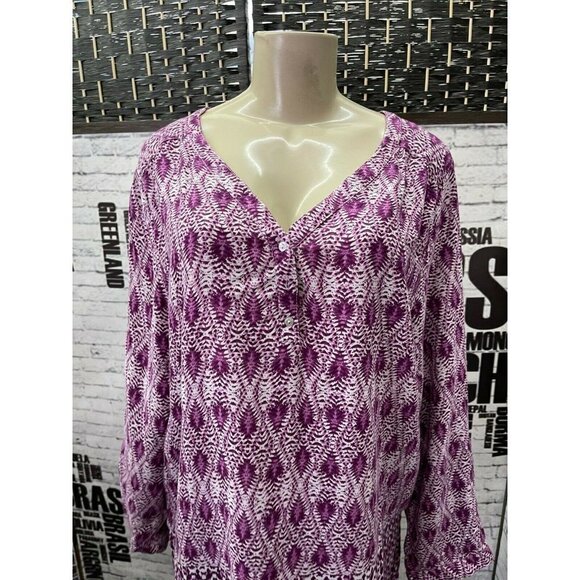 Tantrums XL Purple Print V-Button Neckline Roll-Tab Sleeve Top - Picture 2 of 6